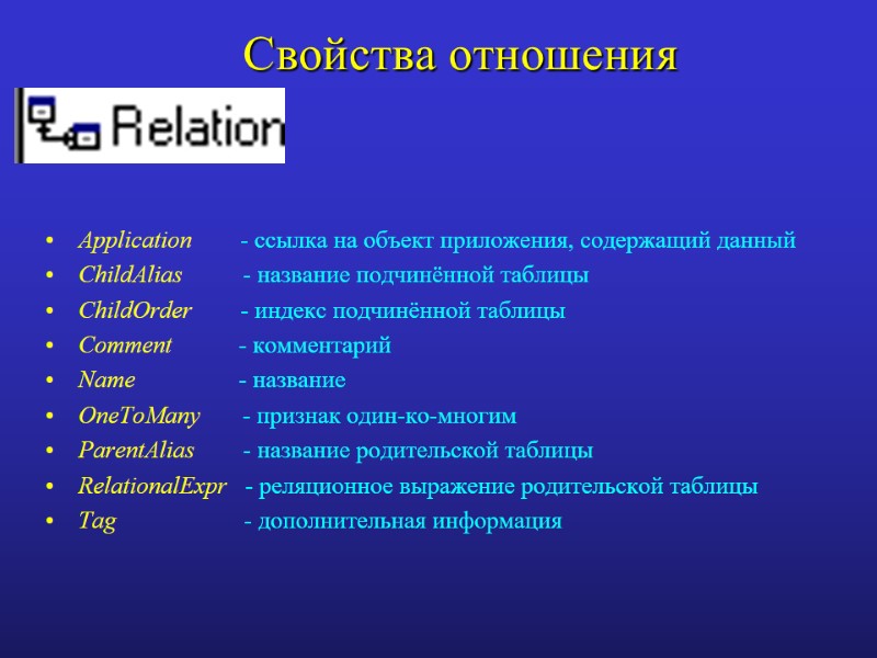 Свойства отношения Application        - ссылка на объект